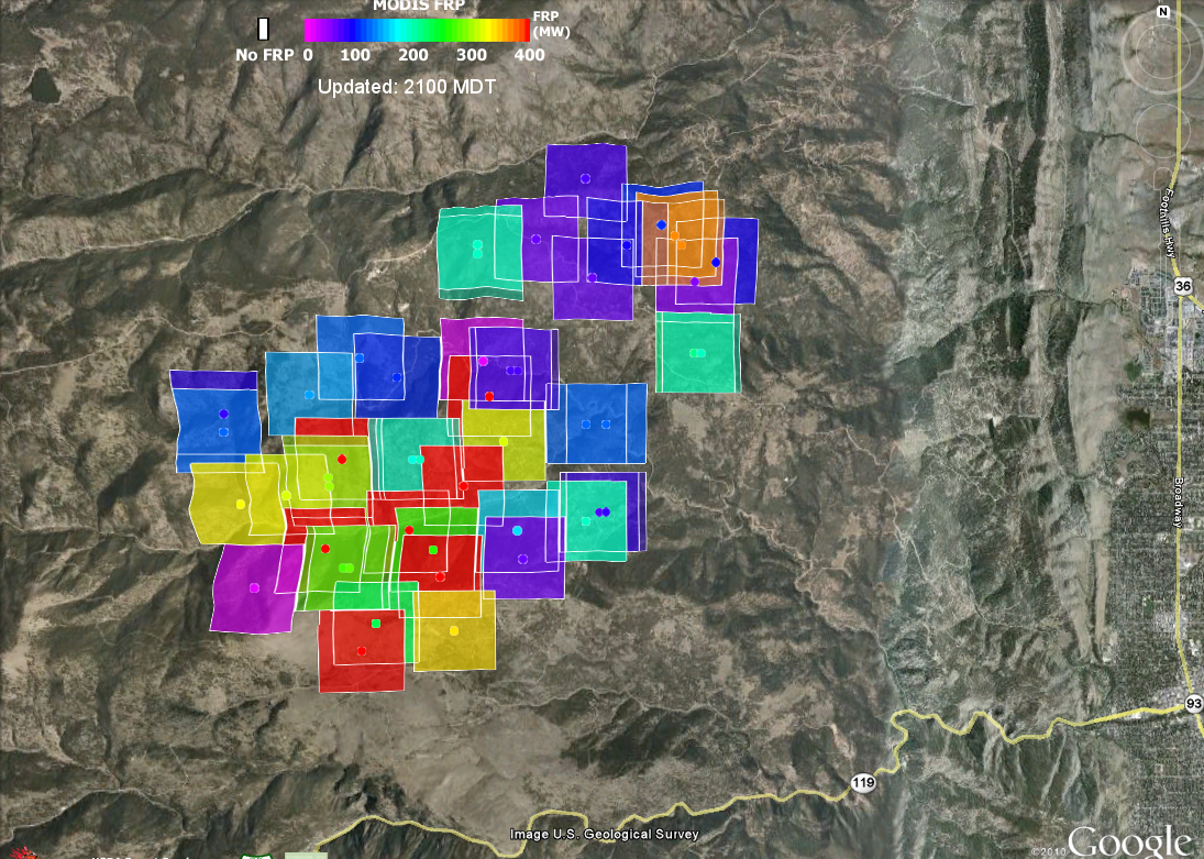 fire_data_2100 Fire Radiative Power data from Forest Service in Google Earth, September 7, Evening