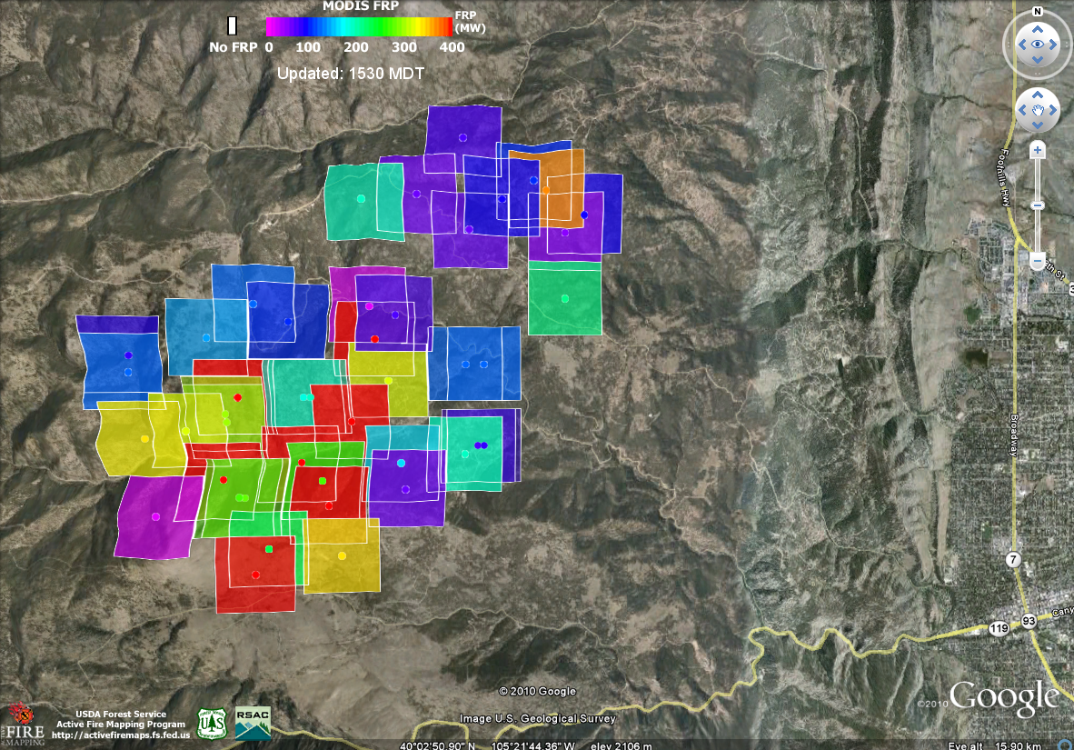 sep_7_fire_data_330pm Fire Radiative Power data from Forest Service in Google Earth, September 7, Afternoon